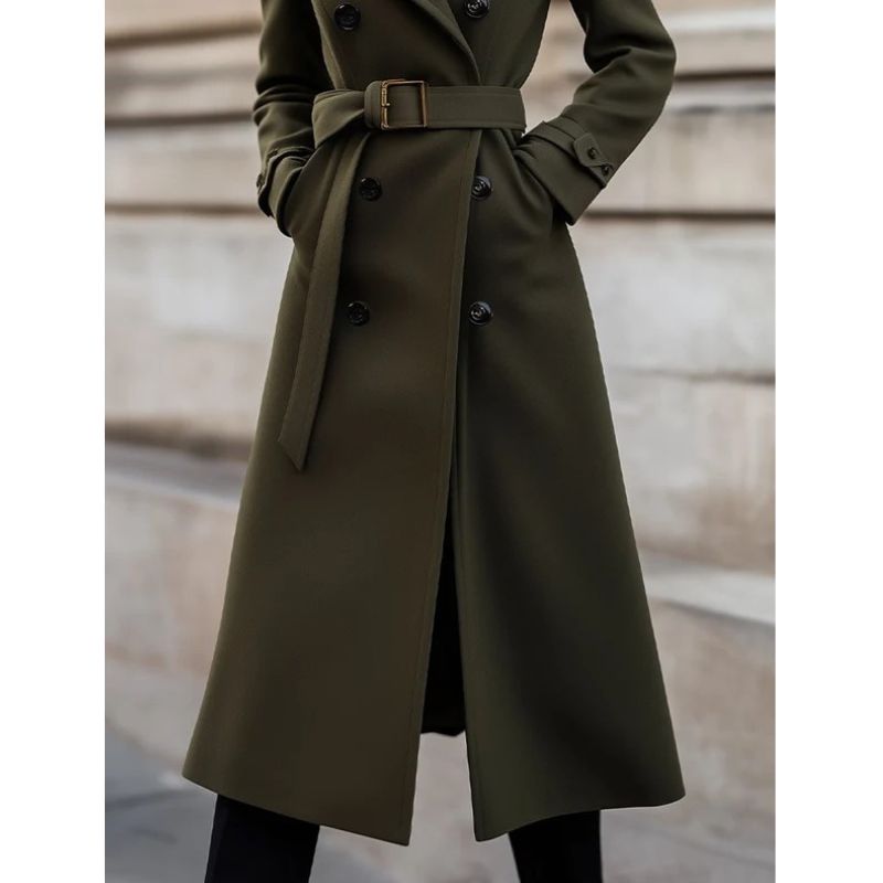 Womens Double Breasted Maxi Coat with Notch Lapel and Adjustable Belt