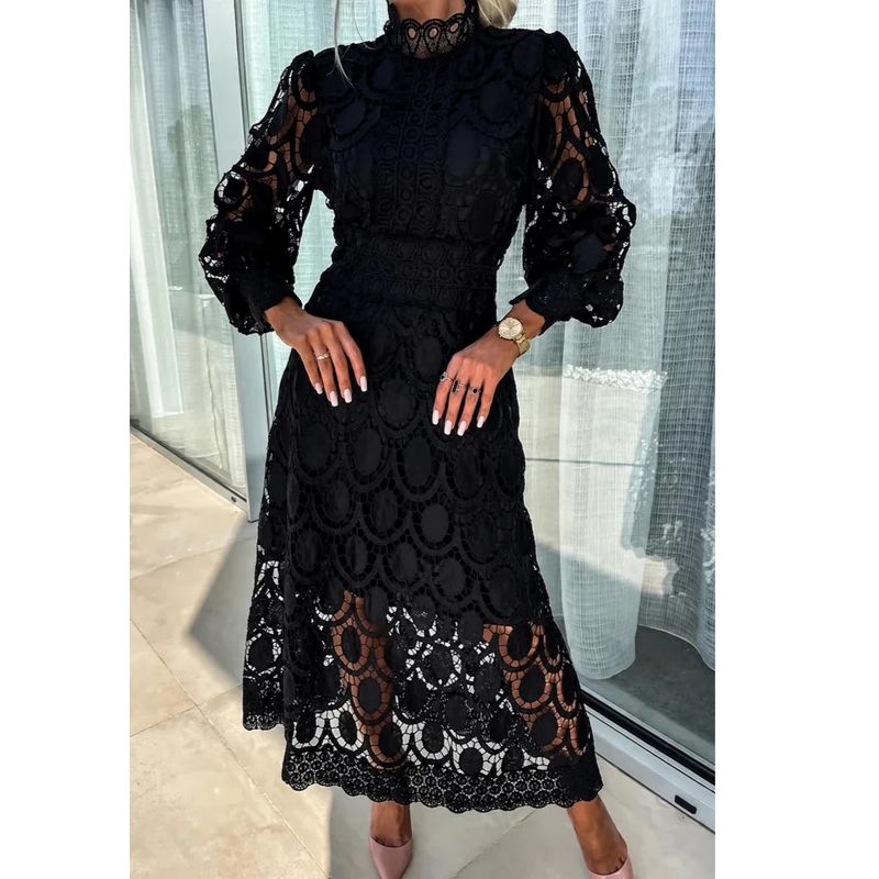 Midi Dress with Lace Overlay and Fitted Bodice