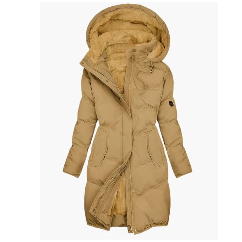 Long Quilted Coat for Women with Plush Hood and Fleece Lining, Zipper Front
