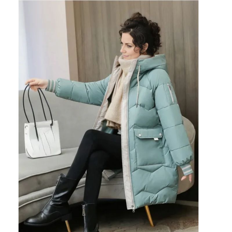 Womens Long Puffer Jacket with Attached Hood and Zippered Hand Pockets, Machine Washable
