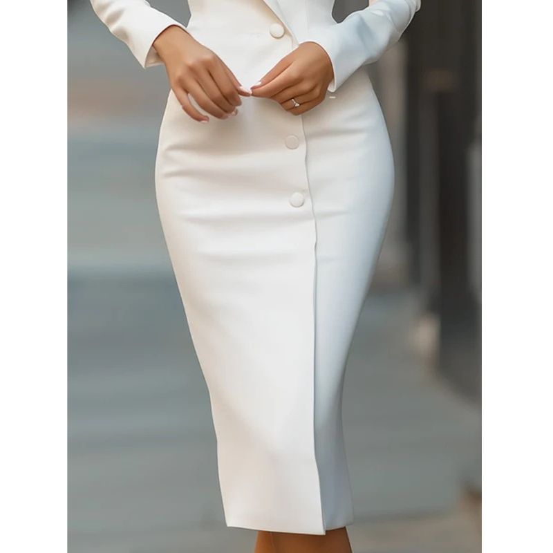 Knee-Length Tailored Dress with Lapel Collar and Front Buttons, Fitted Office-to-Evening