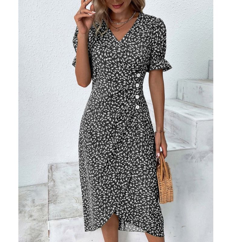 Womens V-Neck Dress with Waist Definition and Breathable Fabric, Mid-Length