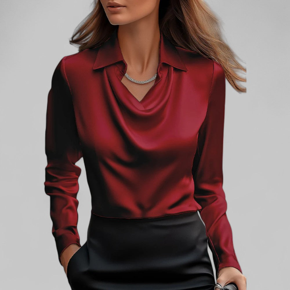 Womens Satin Blouse with Draped Neckline and Long Sleeves, Relaxed Tailored Fit