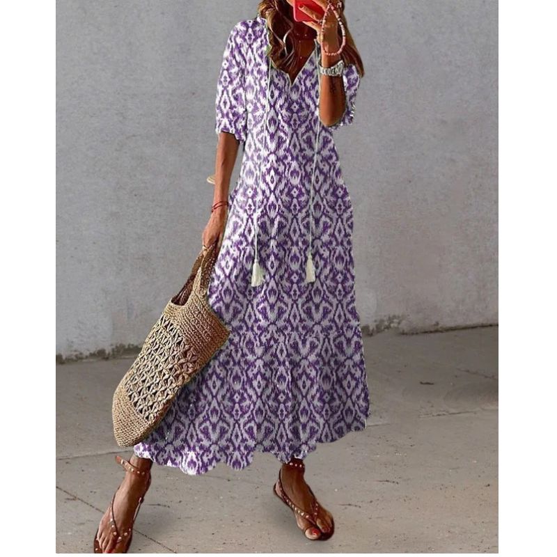 Womens A-Line Dress with Geometric Print and Lantern Sleeves, V-Neck