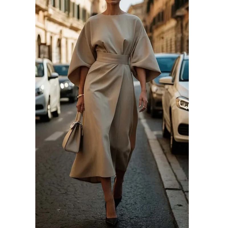 Lantern Sleeve Dress with Adjustable Waist Tie and Flowing Silhouette, Lightweight Fabric