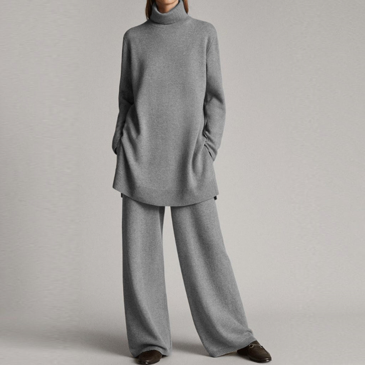 Womens Two-Piece Lounge Set with High Neck and Wide-Leg Pants, Relaxed Knit