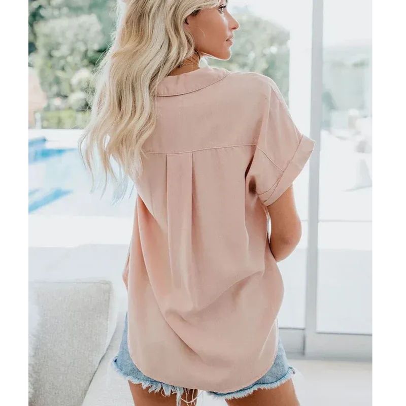Womens Relaxed Fit Blouse with Button Front and Rolled Sleeve Detail