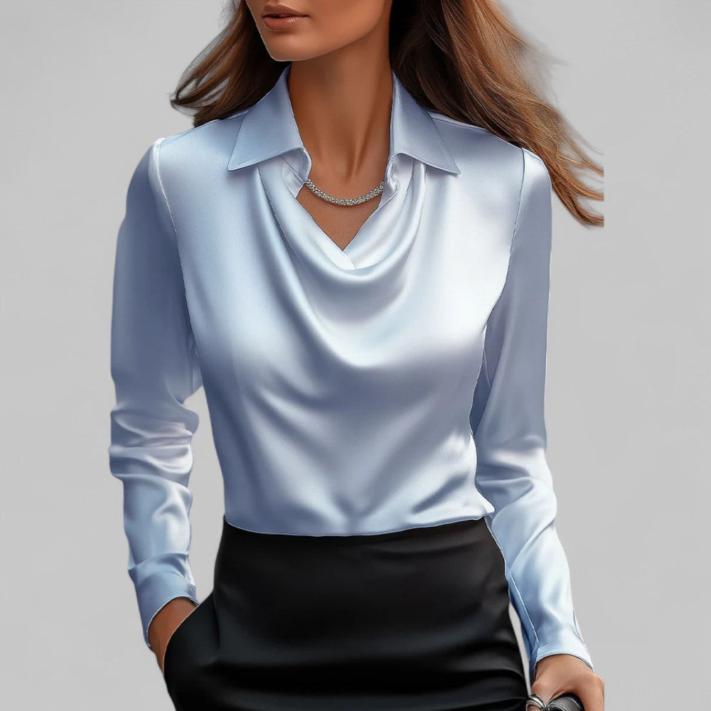 Womens Satin Blouse with Draped Neckline and Long Sleeves, Relaxed Tailored Fit