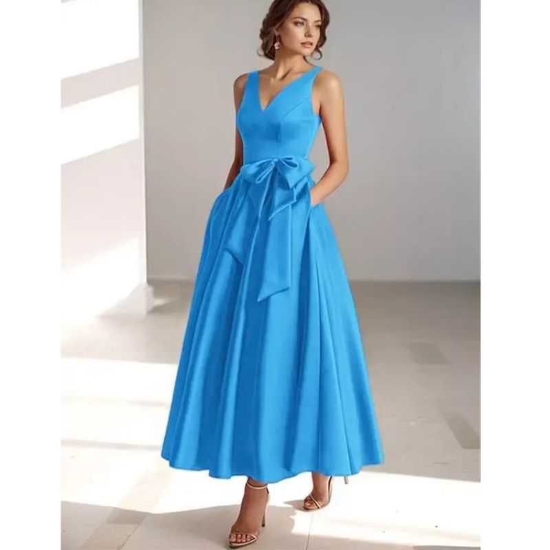 Womens A-Line Midi Dress with V-Neckline and Structured Bow Waist