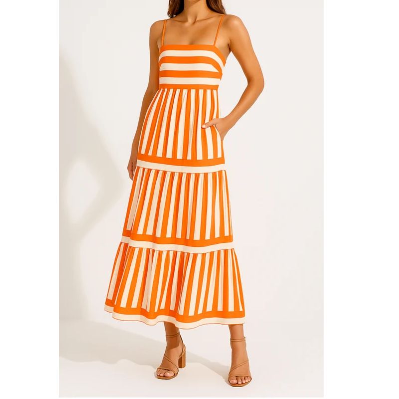 Womens Tiered Maxi Dress with Vertical Stripes and Side Pockets