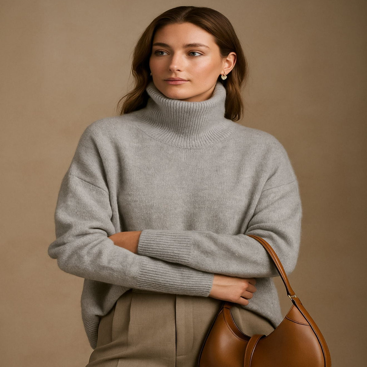 Turtleneck Sweater with Dropped Shoulders and Ribbed Trim for Women - Long Sleeves