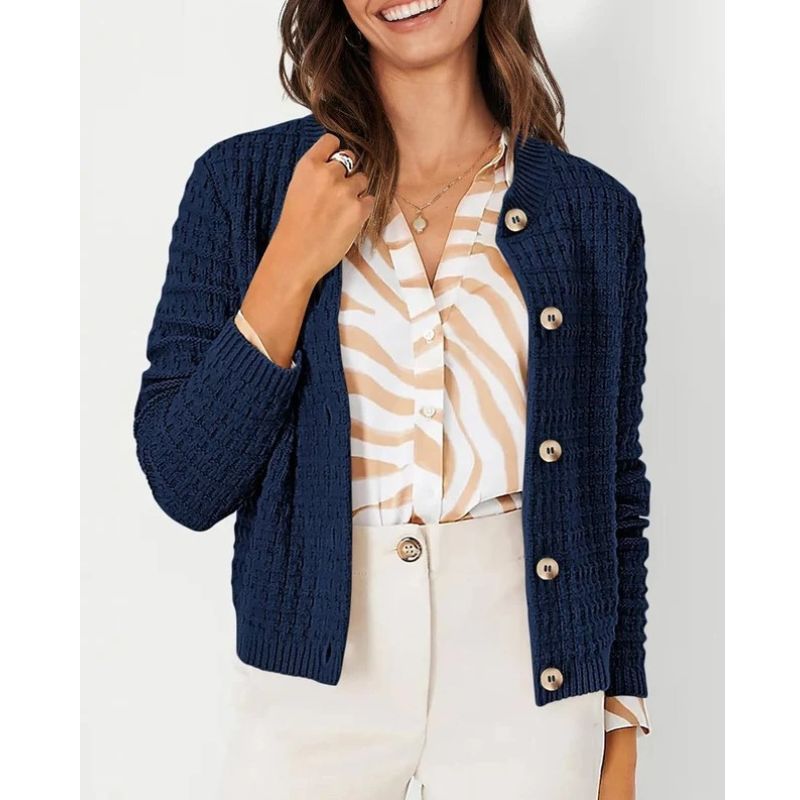 Womens Button Front Cardigan with Long Sleeves and Crewneck, Knit Cotton