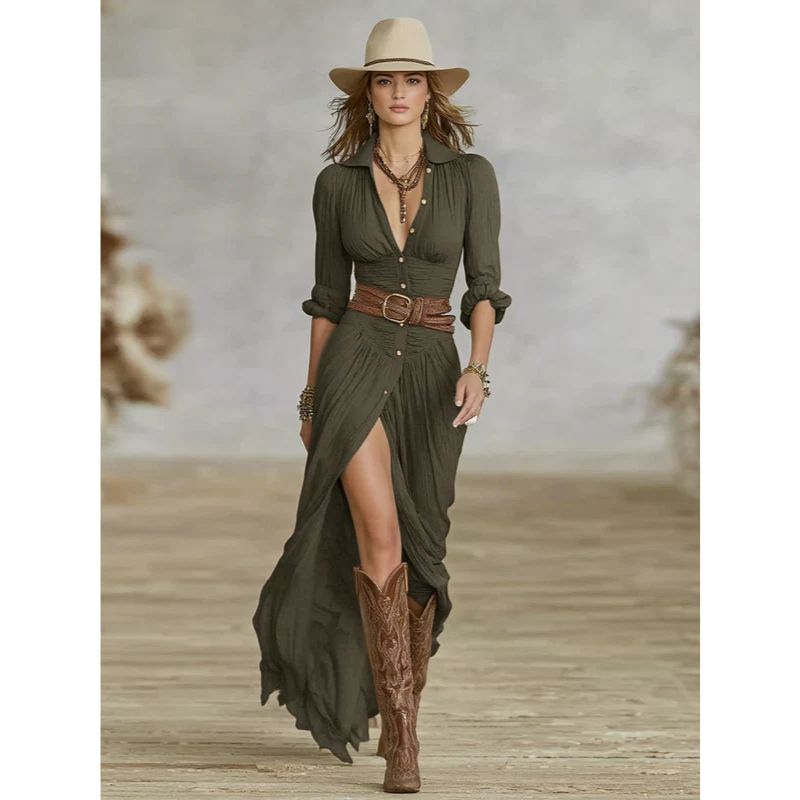 Maxi Dress with Shawl Collar and Adjustable Waist Belt, Floor-Length