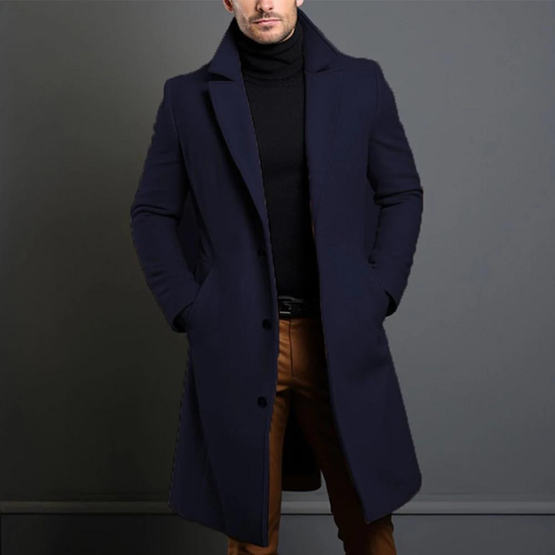 Mens Long Overcoat with Classic Lapel and Tailored Wool-Blend, Single-Breasted