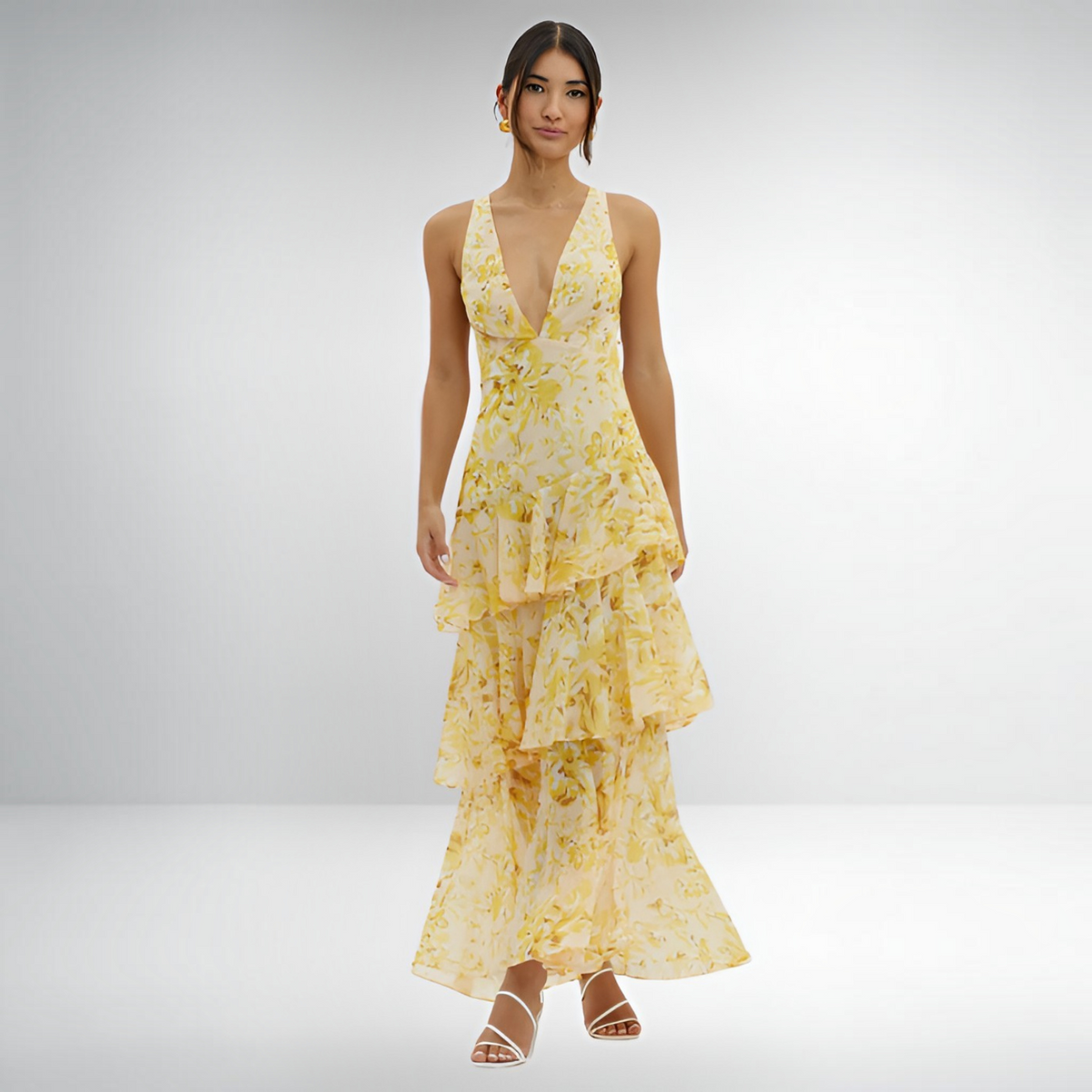 Maxi Dress with Lightweight Chiffon and Deep V-Neck, Tiered Ruffle Skirt
