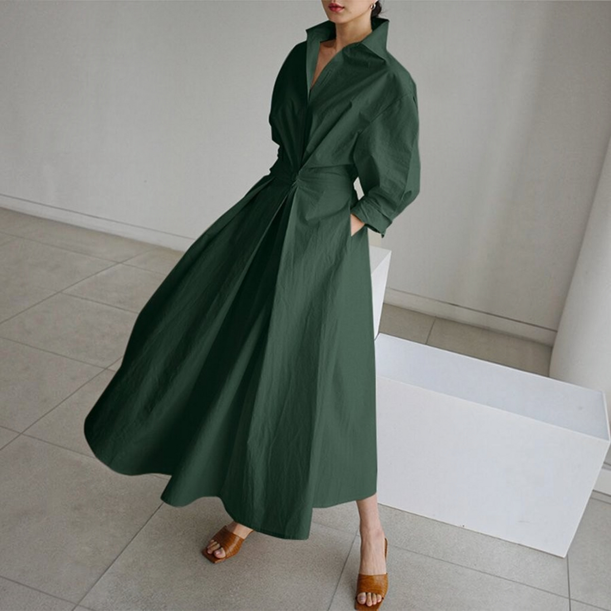 Womens Shirt Dress with Button Front and Adjustable Belt, Tailored Waist