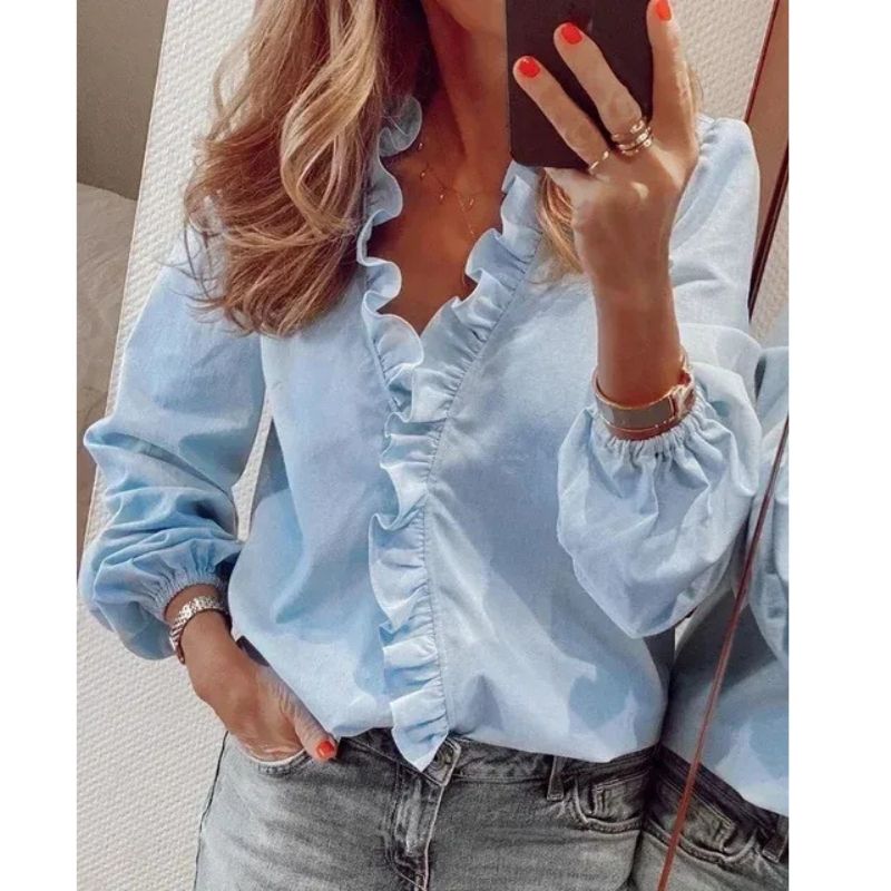 Womens Blouse with Ruffled Neckline and Pleated Balloon Sleeves