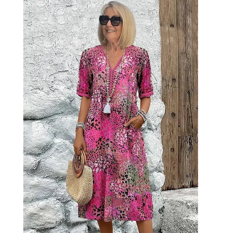 Colorful Midi Dress with Patterned Design and Functional Pockets