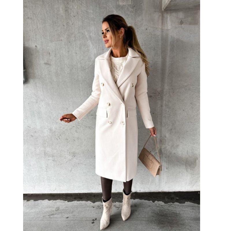 Womens Wool Winter Coat with Double-Breasted Button Front and Structured Shoulders