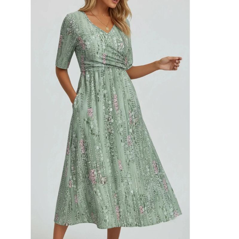 Womens Floral Midi Dress with A-Line Silhouette and Botanical Print