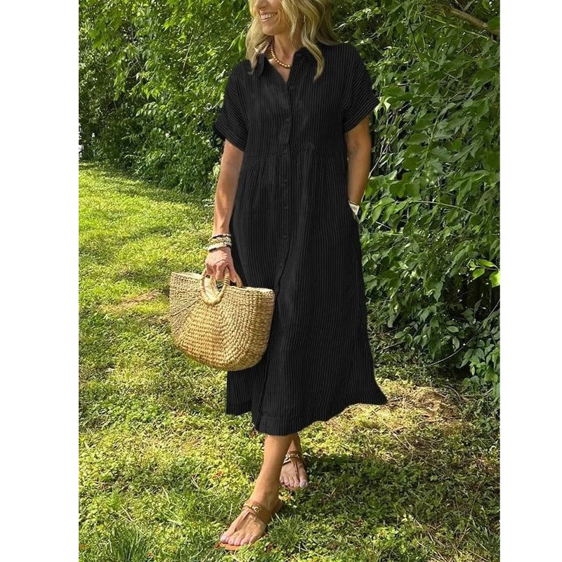 Button-Up Shirt with Collar and Vertical Stripes, Long Sleeve Relaxed Fit