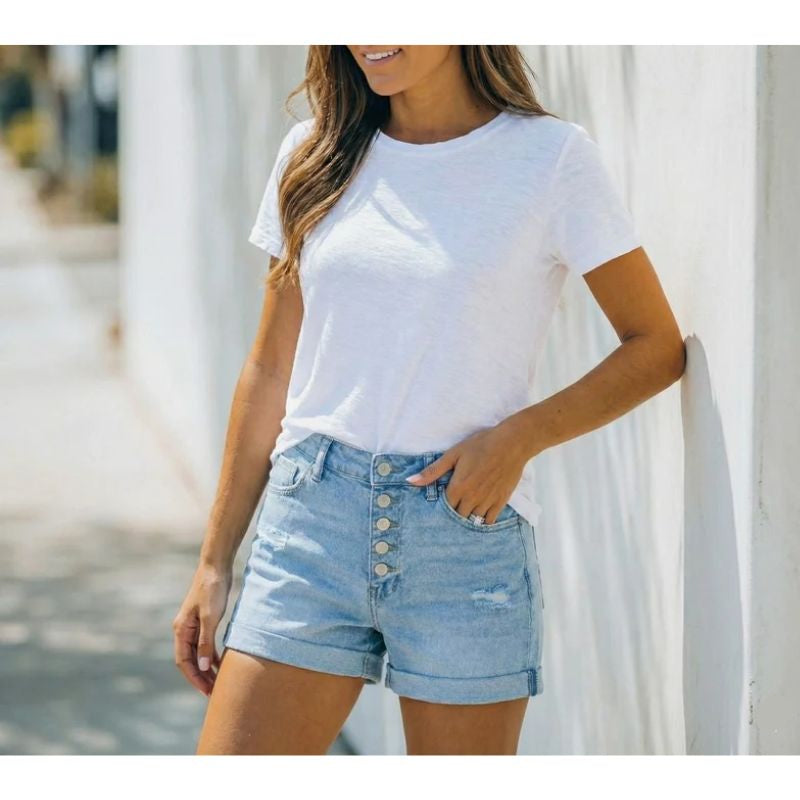 Denim Jorts with Button-Fly and Mid-Thigh Cut for Women, Relaxed Cotton Blend
