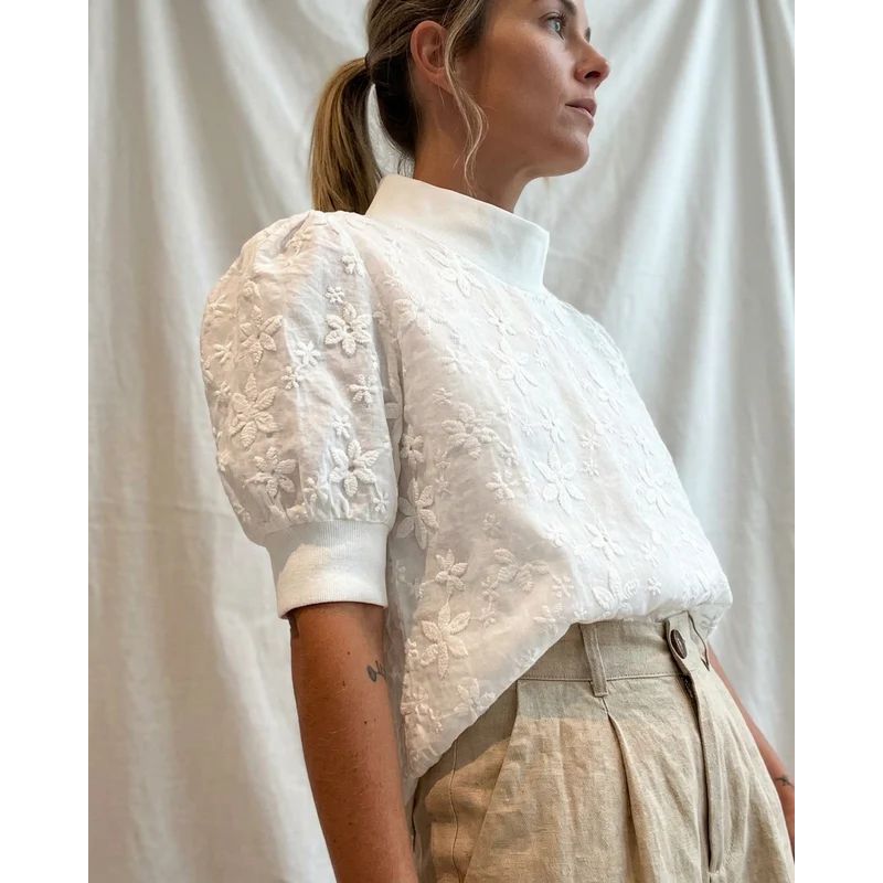 Embroidered Stand Collar Blouse with Floral Detail and Relaxed Fit
