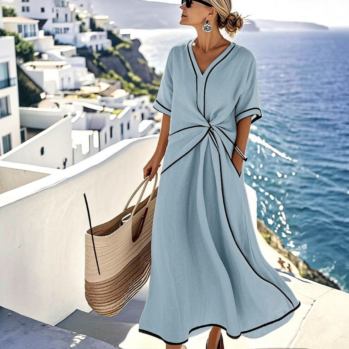 Striped Summer Dress with Vertical Stripes and Relaxed Airy Fit, Breathable Woven Fabric