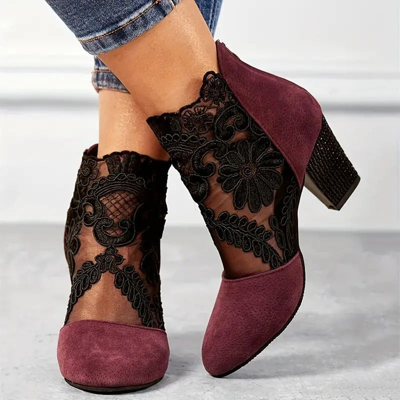 White Lace Heels with Cushioned Insole and Stable Heel, Handmade Floral Applique