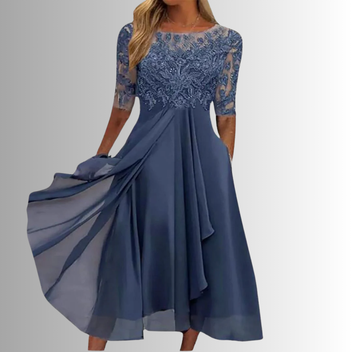 Lace A-Line Dress with Layered Feather Skirt, Back Zipper