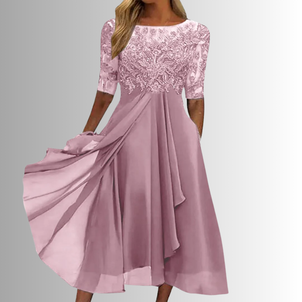 Lace A-Line Dress with Layered Feather Skirt, Back Zipper
