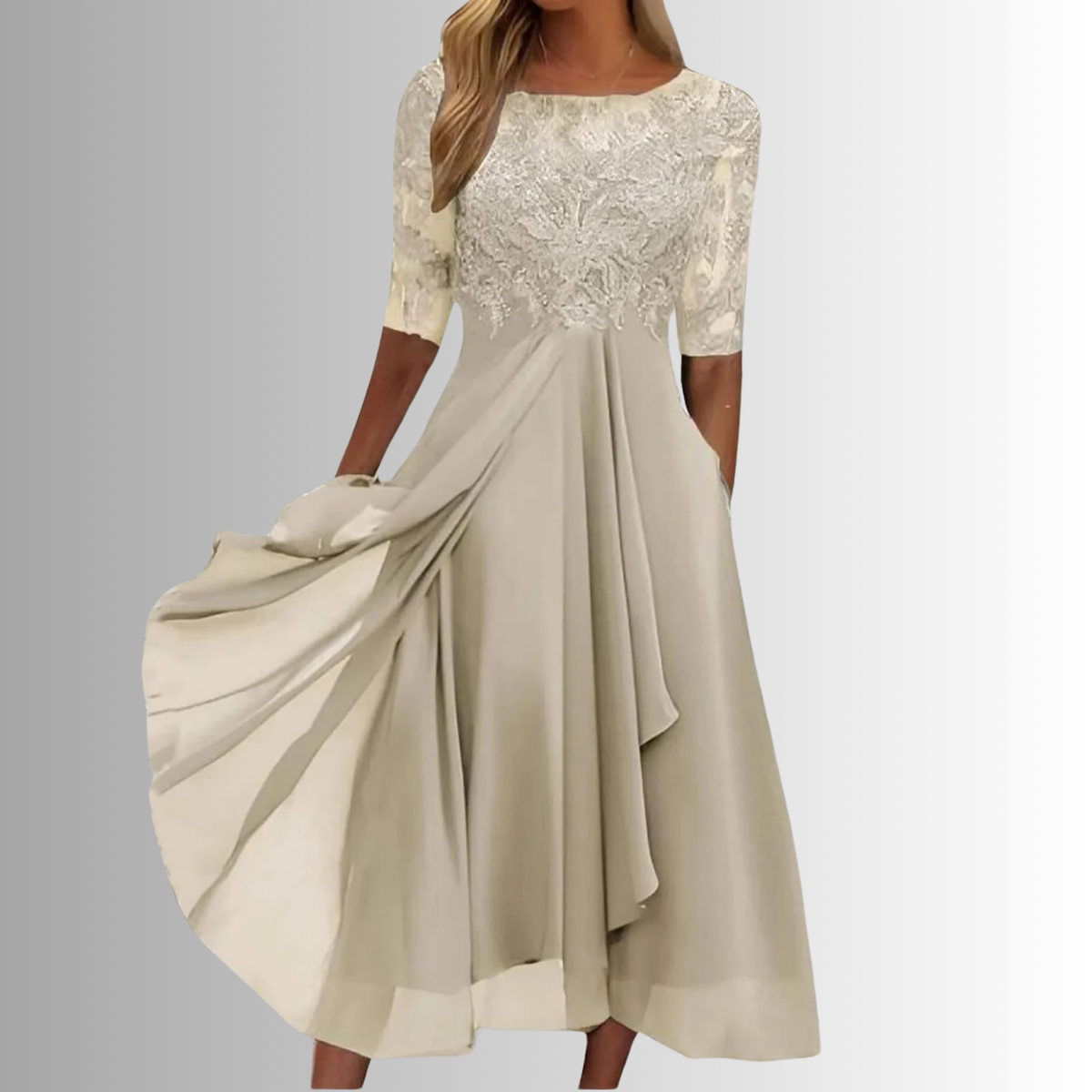 Lace A-Line Dress with Layered Feather Skirt, Back Zipper