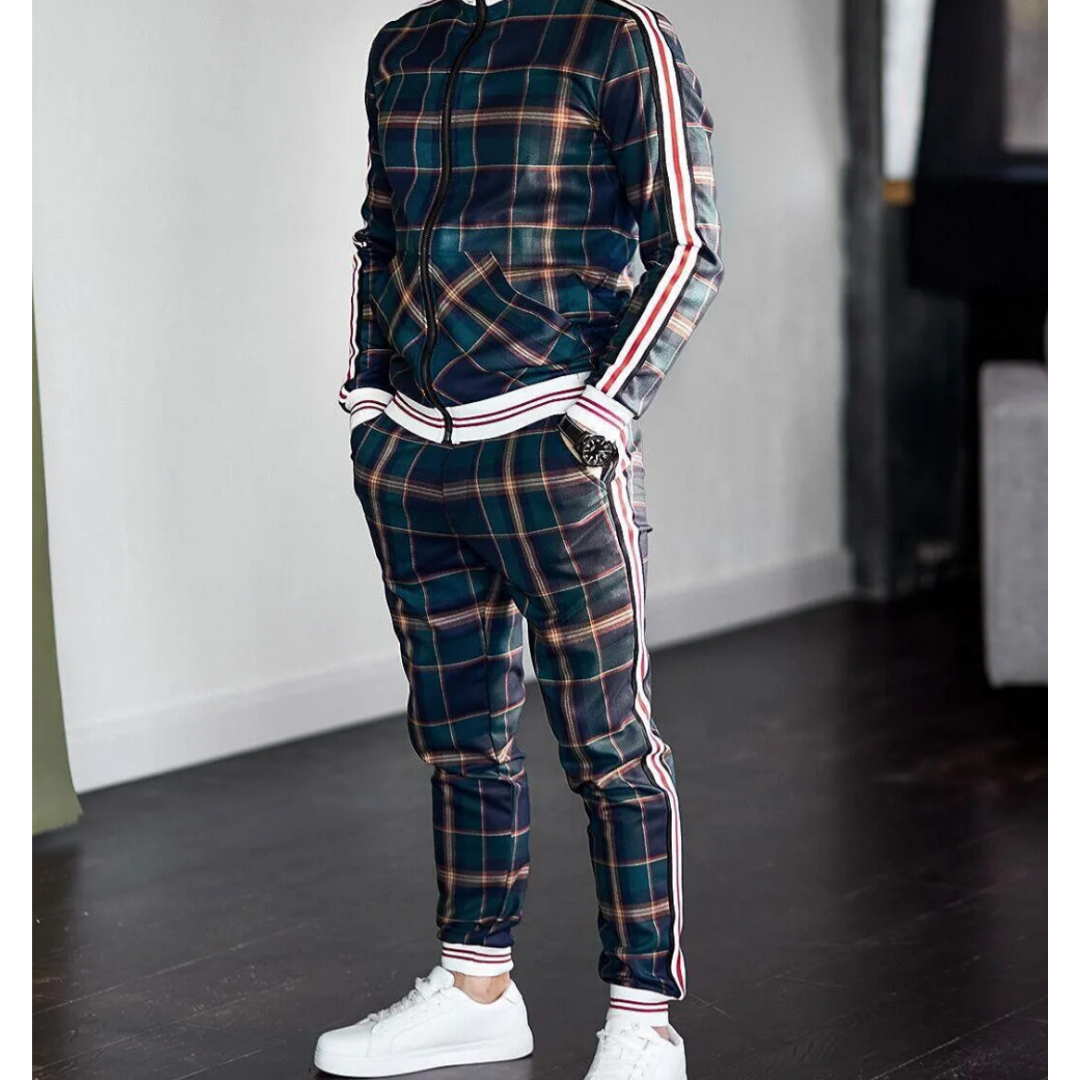 Mens Jogging Tracksuit with Plaid Design and Side Stripes, Breathable Stretch Fabric