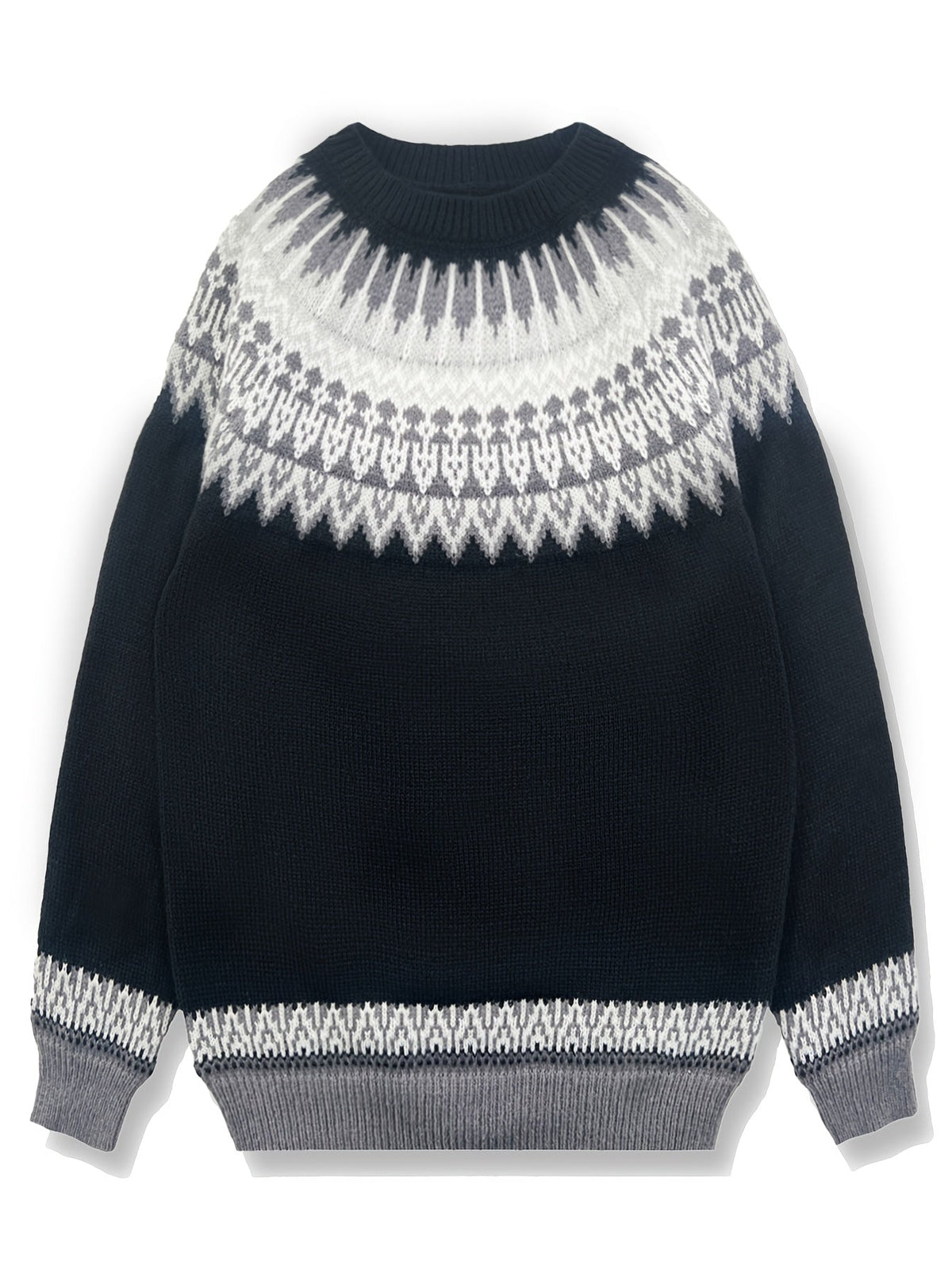 Chunky Jacquard Knit Sweater with Round Neck and Relaxed Fit