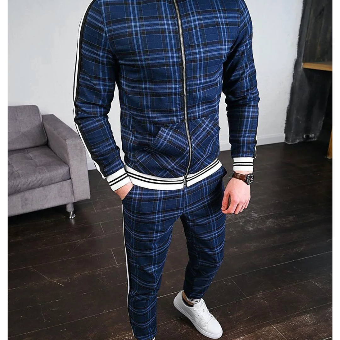 Mens Jogging Tracksuit with Plaid Design and Side Stripes, Breathable Stretch Fabric