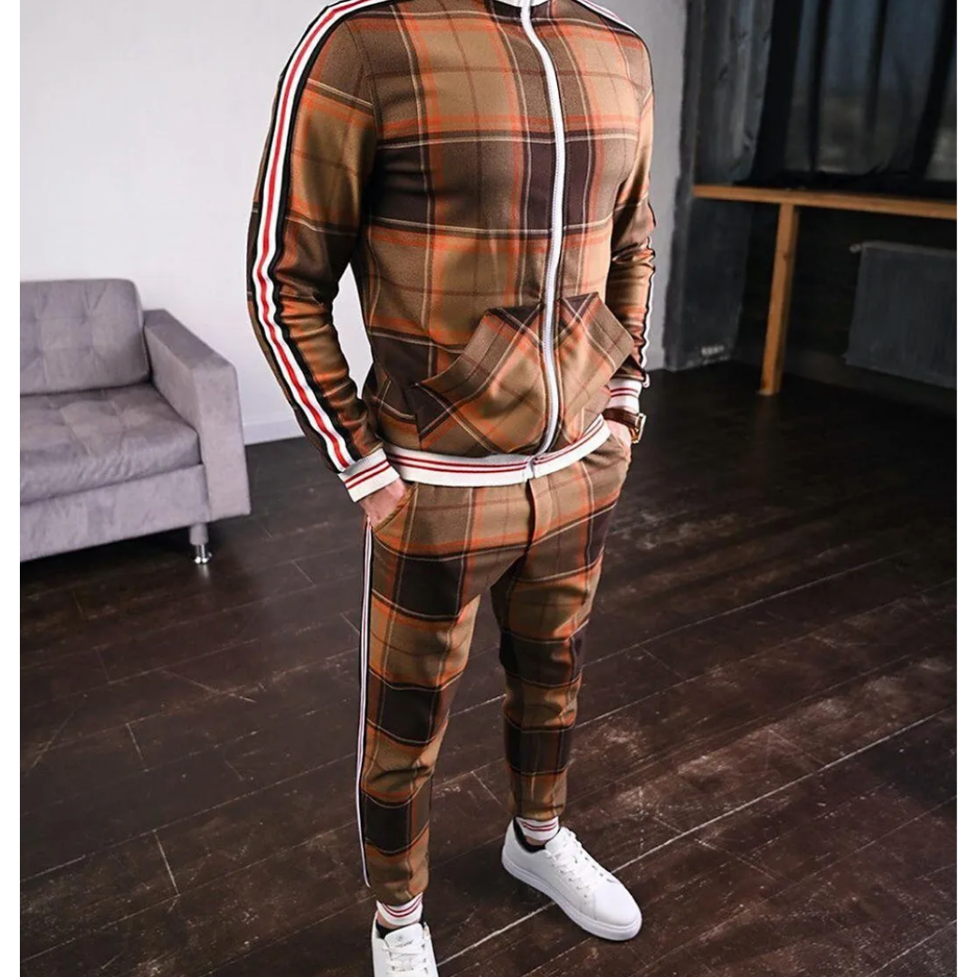 Mens Jogging Tracksuit with Plaid Design and Side Stripes, Breathable Stretch Fabric