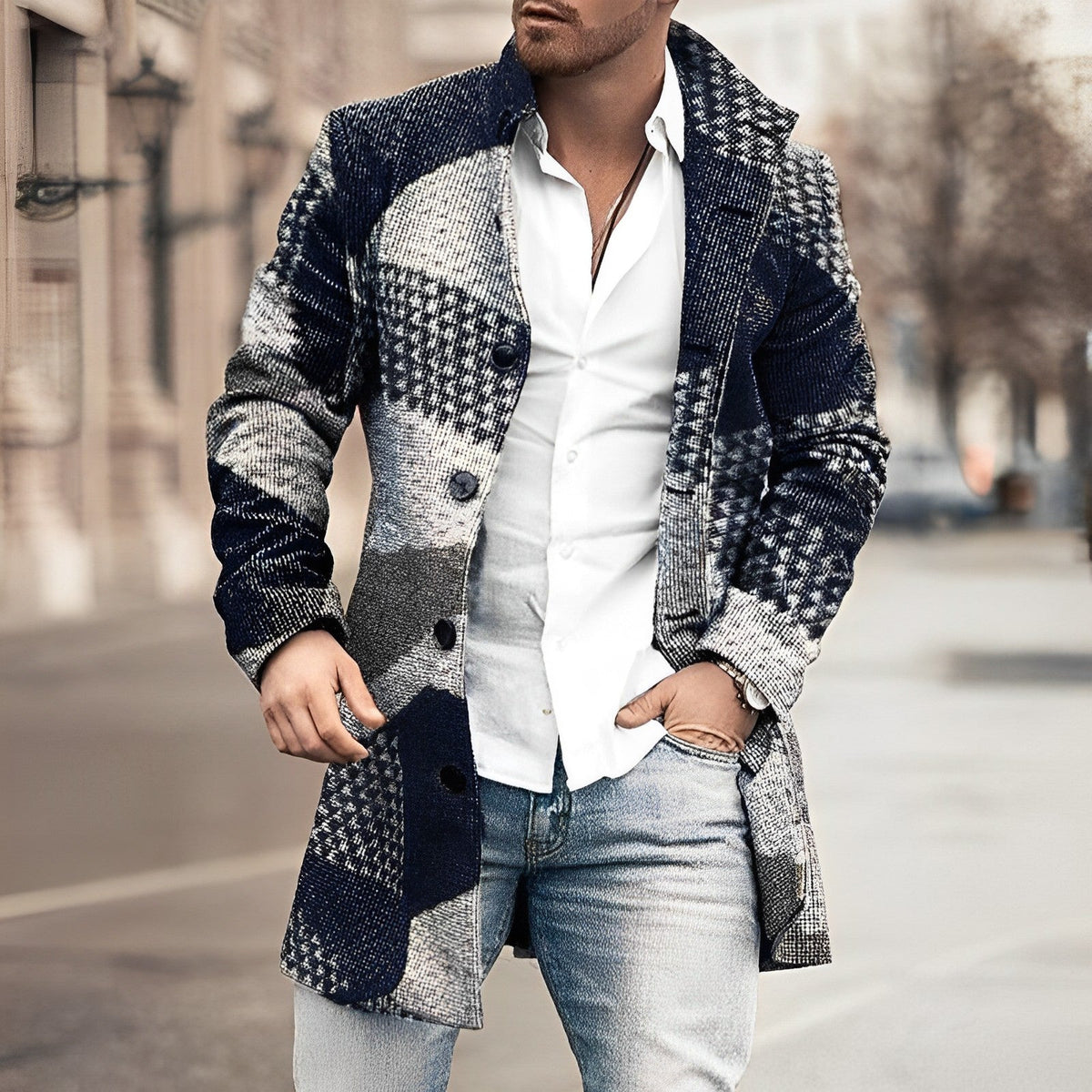 Mens Long Coat with Button Front and Tailored Fit, Wool-Blend Lining
