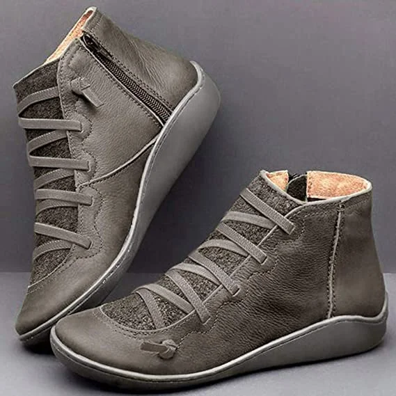 Womens Ankle Boots Lace-Up with Side Zipper and Cushioned Insole, Faux Leather