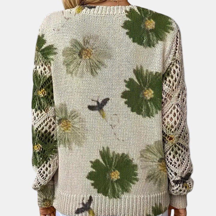 Floral Knit Sweater with V-Neckline and Open Sleeves for Women - Ribbed Hem