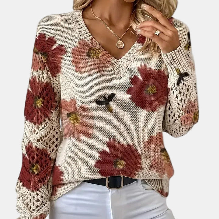 Floral Knit Sweater with V-Neckline and Open Sleeves for Women - Ribbed Hem