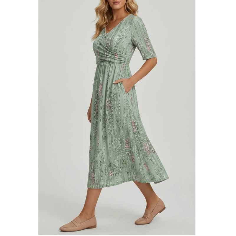 Womens Floral Midi Dress with A-Line Silhouette and Botanical Print