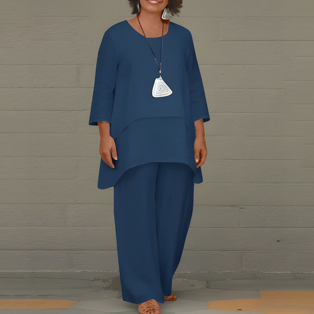 Womens Linen Top and Bottoms Set with Short Sleeves and Relaxed Fit
