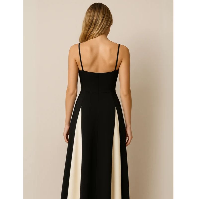 Floor-Length Formal Dress with Contrasting Panels and Structured Bodice