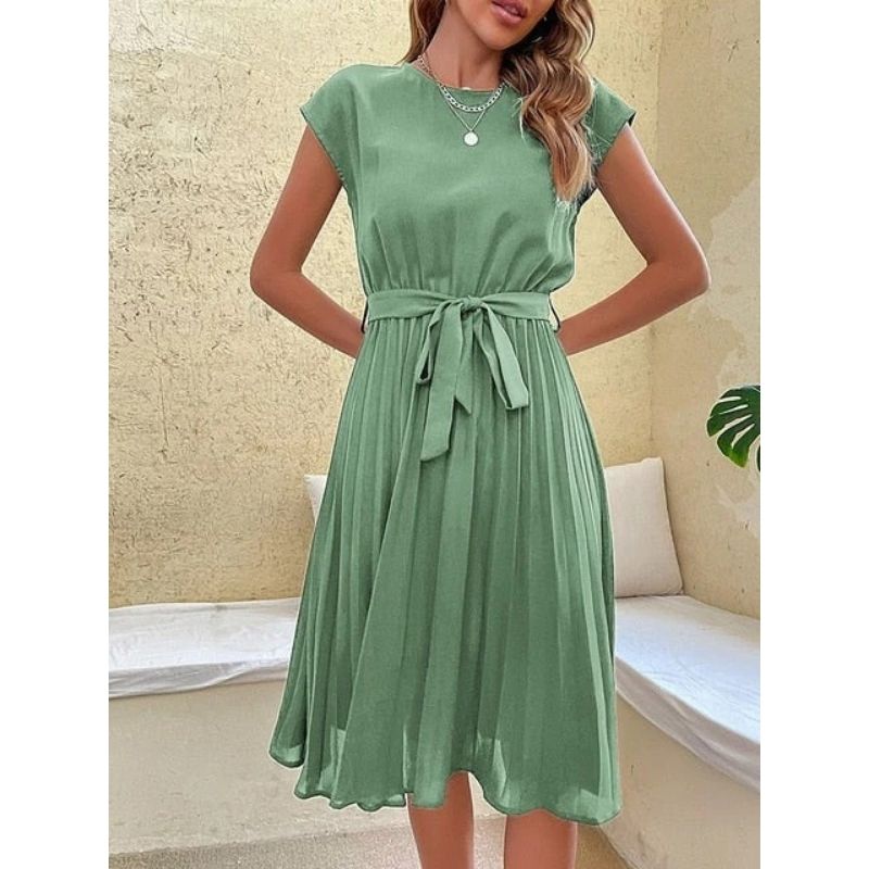 Pleated Midi Dress with Relaxed Fit for Summer Casual Wear
