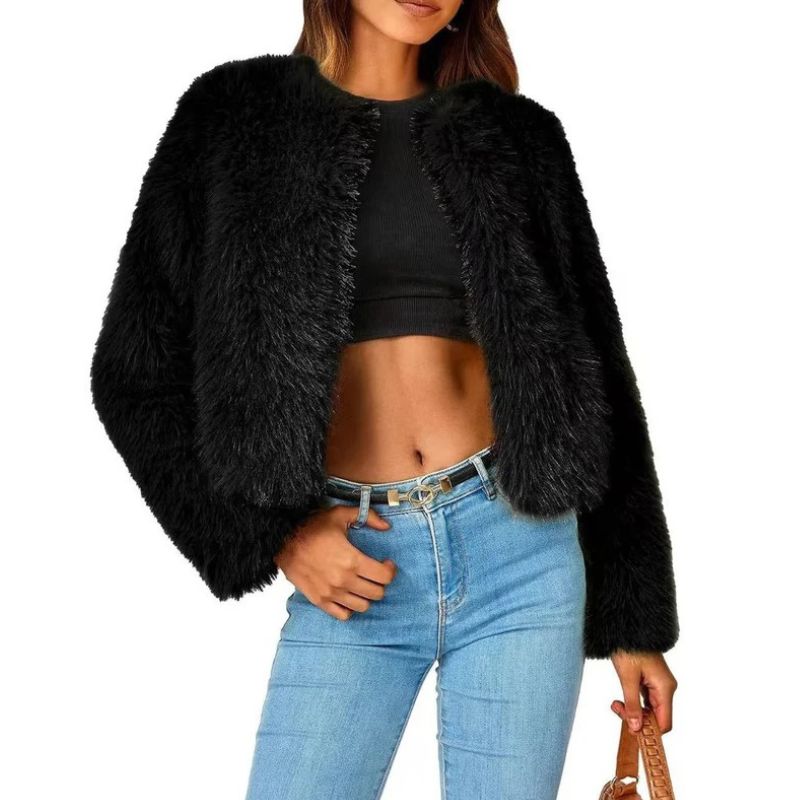 Cropped Faux Fur Jacket with Open Front and Long Sleeves for Women