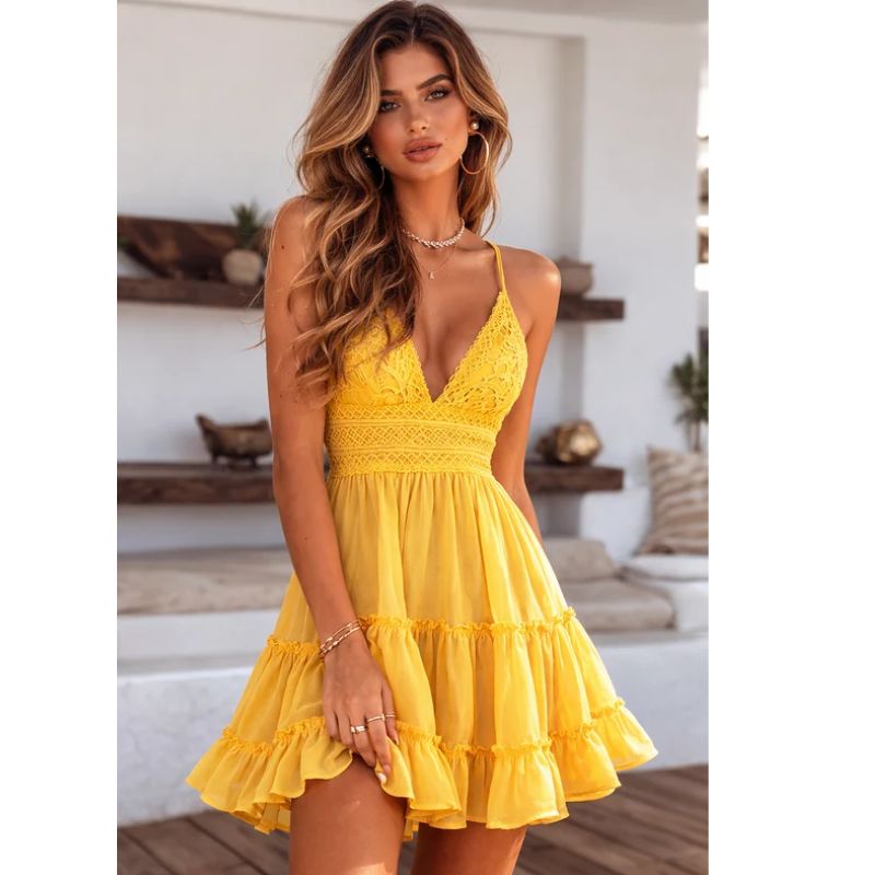 Womens Tiered Mini Dress with Open Back Tie and Adjustable Straps