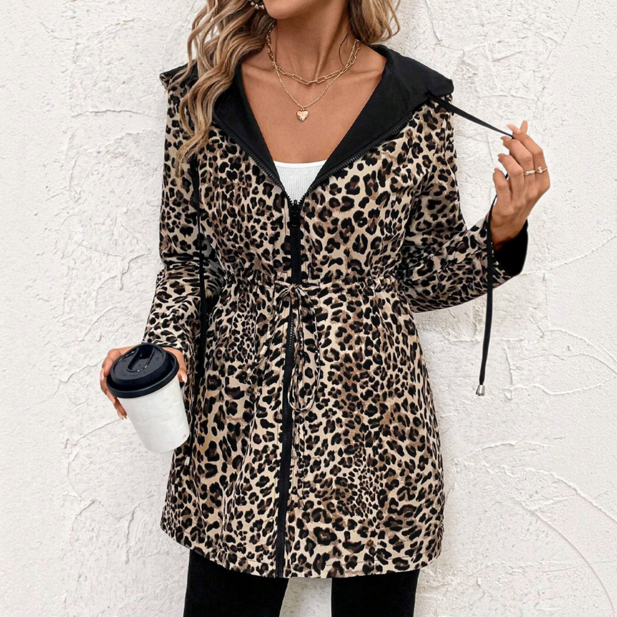 Reversible Coat with Leopard Print and Neutral Side, Relaxed Draping Silhouette