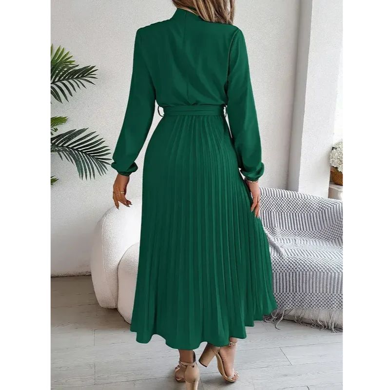 Long Sleeve Pleated Dress with Removable Belt and Hidden Zipper, Lightweight Polyester