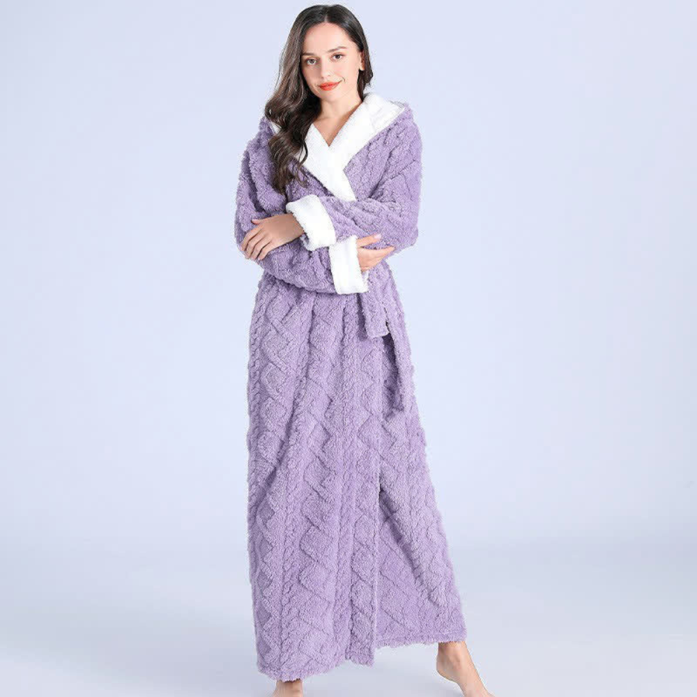 Womens Hooded Flannel Bathrobe with Plush Coral Fleece and Ankle-Length Coverage