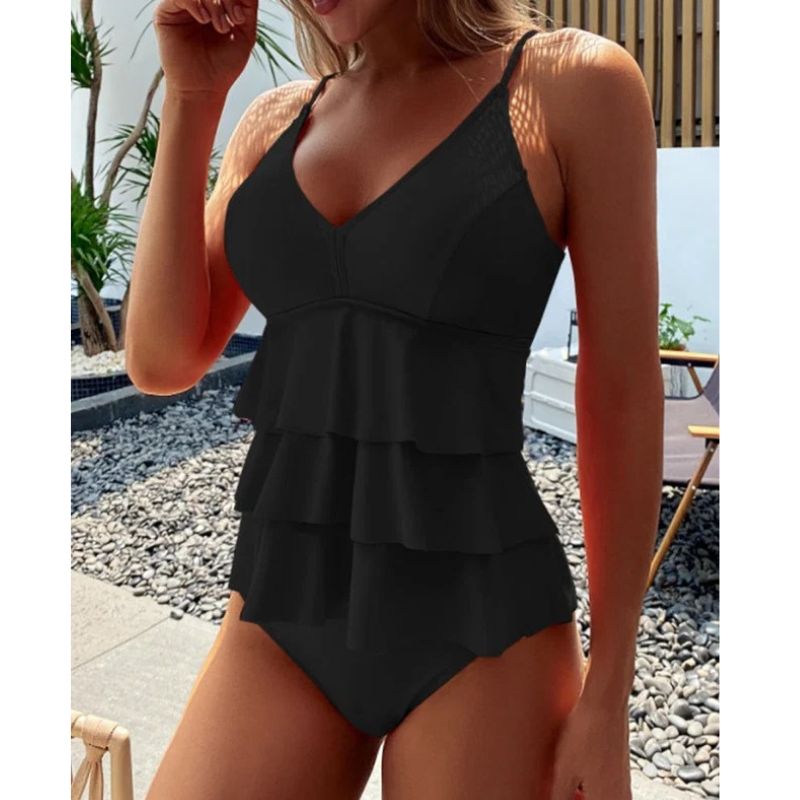 Womens Layered Tankini with Adjustable Straps and High-Rise Bottom